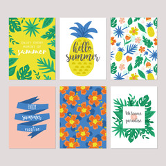 Fototapeta na wymiar Summer holiday vacation greeting card set with hand drawn cute tropical flowers, palm tree leaves and pineapple. Isolated vector illustration