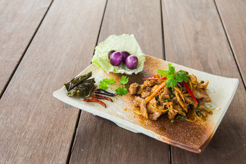 Fried spicy boar food Thailand culinary herbs