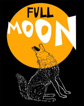 Howling wolf at the full moon, illustration