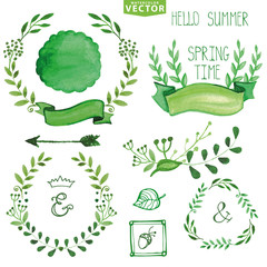 Watercolor Green brunches laurels wreath.Spring,summer decor set