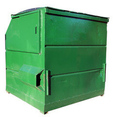 Used and dented green industrial dumpster. Isolated.
