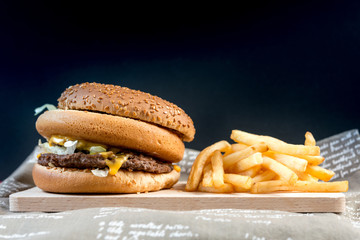 American cheese burger with Golden French fries