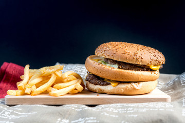 American cheese burger with Golden French fries
