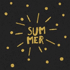 Fototapeta na wymiar Golden Summer quote print in vector. Black particles on dark background. Golden glitter letters and burst rays and golden chaotic dots.