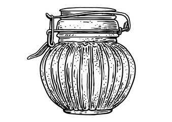 Glass, jar, honey illustration, drawing, engraving, ink, line art, vector