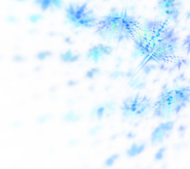 Fototapeta na wymiar Abstract white fractal background. Transparent feathery texture. Blue and tuquoise spots pattern. Ice and snowflakes blurred on background.