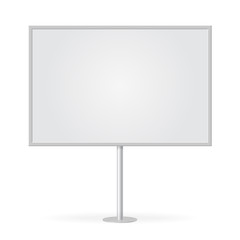Blank whiteboard with empty copy space, stand on one bar support. Mockup board with single stand, in vector. White billboard with frame for message, commercial or presentation. - 143696226
