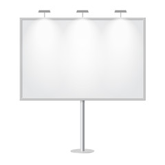 Blank billboard with empty copy space, stand on one bar support. Outdoor board with single stand, in vector. White mockup with frame for message, commercial or presentation, rectangle and horizontal. - 143696238