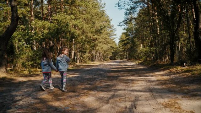 Girls are walking on a forest road