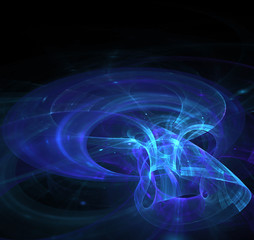 Black abstract background, fractal texture. Purple plasma energy circle pattern. Blue vortex surface in dark space.