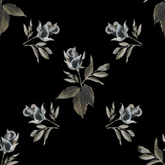 Decorative hand drawn roses. Seamless pattern. Sepia toned high contrast half-opened buds, leaves painted in one stroke style on black background. - 143697490