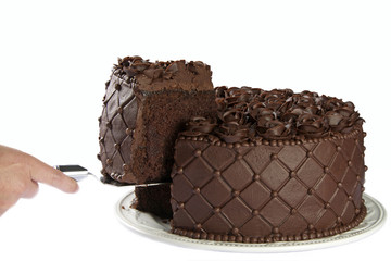 Triple Chocolate Cake with frosting roses being served a large portion sliced from the cake Isolated on white background.