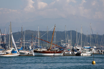 Fototapeta premium Italien, Ligurien, La Spezia, Hafenstadt, Hafen, Schiffe, Boote, Stadtansicht, Urlaub, Industriehafen