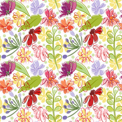 Seamless pattern with abstract flowers and leaves in bright colors on a white background.