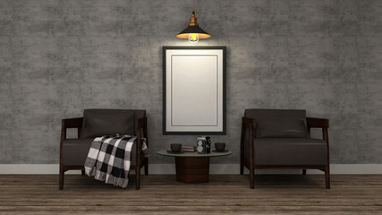 Living area on concrete wall and wooden floor-3D Rendering