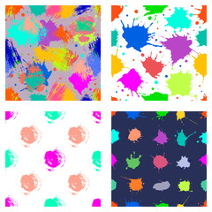 Vector set of seamless patterns, tiles with inc splash, blots, smudge and brush strokes. Grunge endless template for web background, prints, wallpaper, surface, wrapping, repeat elements for design.