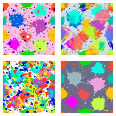 Vector set of seamless patterns, tiles with inc splash, blots, smudge and brush strokes. Grunge endless template for web background, prints, wallpaper, surface, wrapping, repeat elements for design.