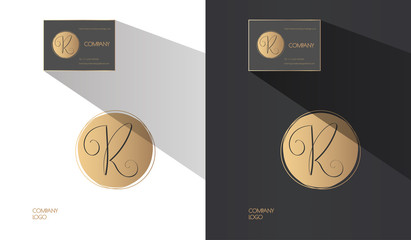Luxury brand identity. Calligraphy R letter - sophisticated logo design. Couple business card designs included