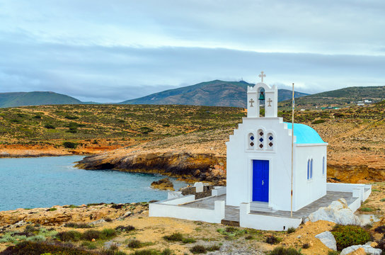 Traditional greek white church  on the Paros Island, Cyclades. Greece.