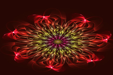 Abstract fractal, red flower on dark background. Abstract painting color texture. Computer-generated image.