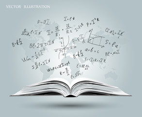 Mathematical formulas and graphs on the open book