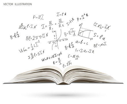 Mathematical formulas and graphs on the open book
