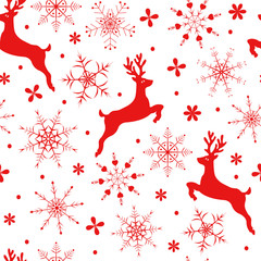 Seamless pattern with deer and snowflakes Christmas in red on a white background.