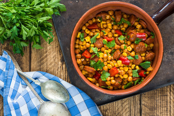 Chorizo and chickpeas braised in cider
