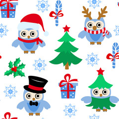 Seamless pattern with owls in carnival costumes, Christmas tree, gifts, snowflakes.