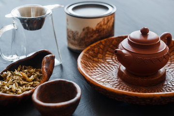 The process of brewing tea at the tea ceremony.