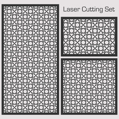 A set of decorative panels for laser cutting with a geometric pattern for cutting out paper, wood, metal. Template. Element of design. 1: 1, 1: 2, 2: 3. Vector illustration.