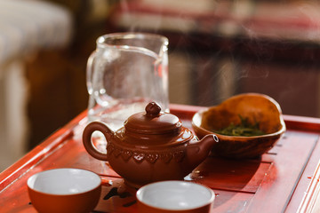 The process of brewing tea at the tea ceremony.