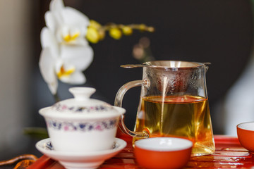 The process of brewing tea at the tea ceremony.