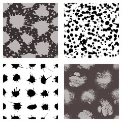 Vector set of seamless patterns, tiles with inc splash, blots, smudge and brush strokes. Grunge endless template for web background, prints, wallpaper, surface, wrapping, repeat elements for design.