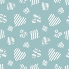 Seamless vector pattern with icons of playings cards. Blue background with hand drawn symbols. Decorative repeat ornament. Series of Gaming and Gambling Seamless vector Patterns.