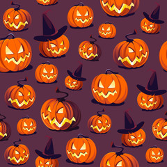 Seamless Halloween Pattern with Pumpkins on dark background.