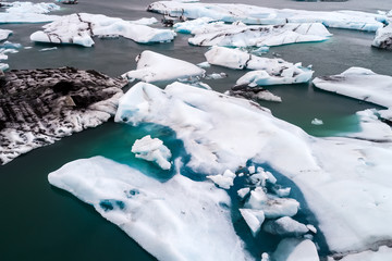 Aerial view of icebergs floating in Jokulsarlon Lagoon by the southern coast of Iceland
