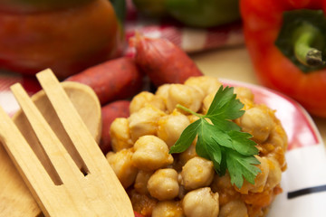 Cooked chickpeas with chorizo