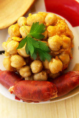 Chickpeas with chorizo on the plate