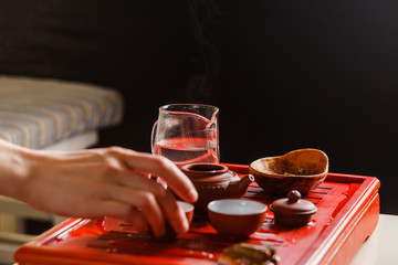 The process of brewing tea at the tea ceremony.