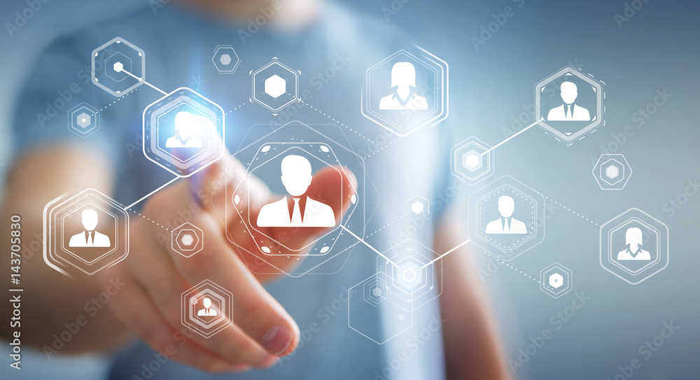 Poster businessman using digital social network 3d rendering
