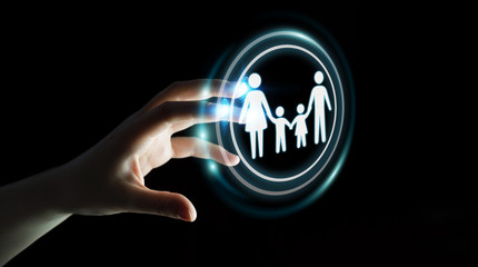 Businessman holding family interface in his hand 3D rendering