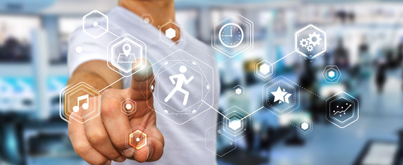 Young man using running application to check his performances 3D rendering