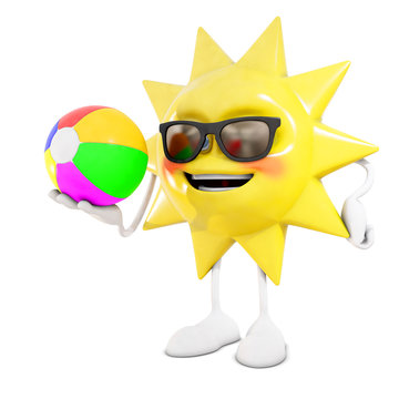 3D sun character whith beach ball, 3d rendering