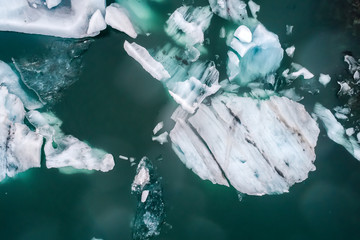 Aerial view of icebergs floating in Jokulsarlon Lagoon by the southern coast of Iceland
