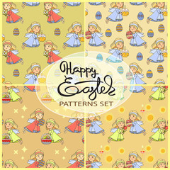 Vector seamless patterns set with Easter icons .