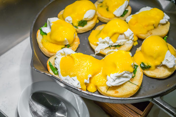 Assortment of fresh pastry on table in buffet .
