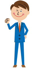 ポップな青いスーツのサラリーマン　ガッツポーズ　全身