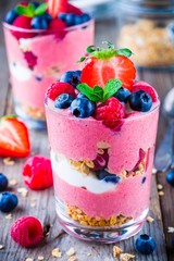 Healthy breakfast: yogurt parfait with granola and raspberry, blueberry and strawberry on wooden...