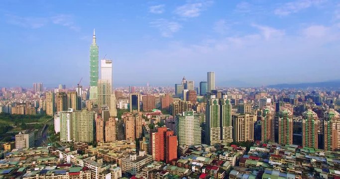4K Aerial view of financial district in city of Taipei, Taiwan